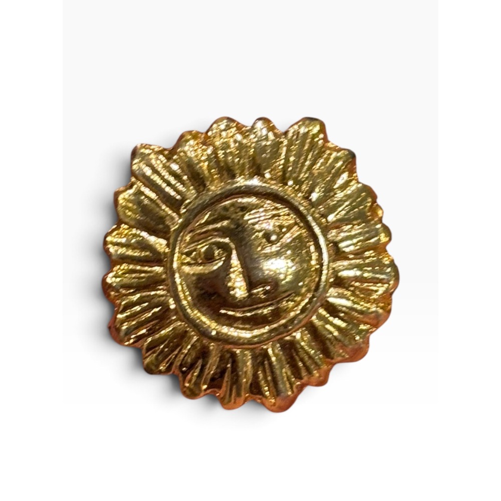 St. John Knits Sun Brooch Gold Smiling Blazing Sun Face Vintage Lapel Pin 1980s